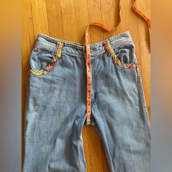70s Vintage Faded Glory Light Wash Bell Bottoms w. Plaid Detailing - Picture 14 of 15